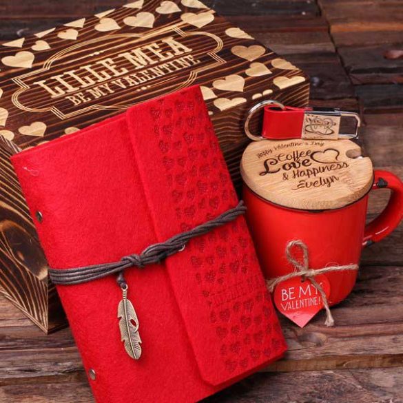 Valentine's Day Gift Set with Journal, Coffee Mug, Key Chain and Wood Box